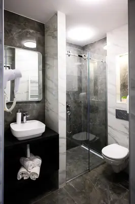 a bathroom with a shower and a sink and a toilet at Spa Apartman Grand in Niš