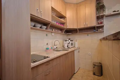 a small kitchen with wooden cabinets and a sink at GOLD Lux in Vrnjačka Banja