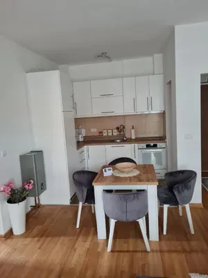 a kitchen with a table and two chairs at Apartman Tina in Vrnjačka Banja