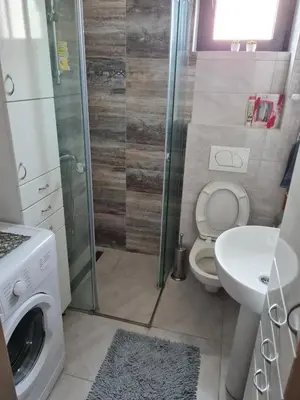 a bathroom with a shower toilet and a sink at Apartman Tina in Vrnjačka Banja