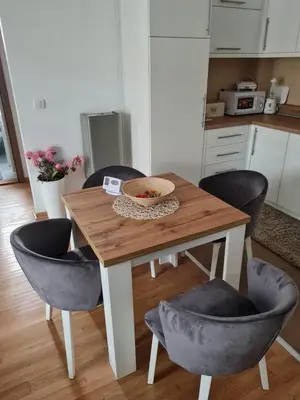 a kitchen with a wooden table and two chairs at Apartman Tina in Vrnjačka Banja
