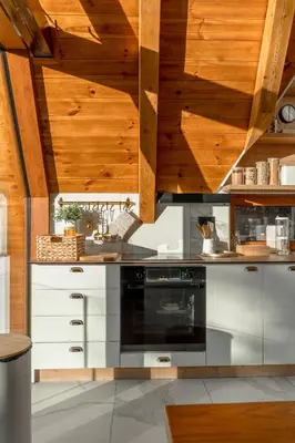a kitchen with wooden ceilings and a black oven at Sofia - Mountain Home in Kopaonik
