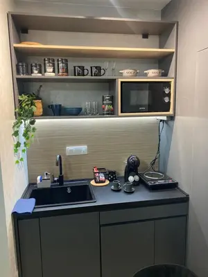 a kitchen with a sink and a microwave at SpaNish apartman in Niš