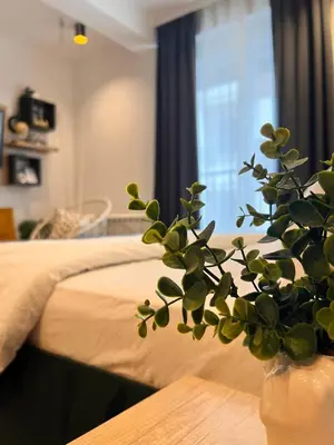 a vase with a plant on a table next to a bed at Magija in Vrnjačka Banja