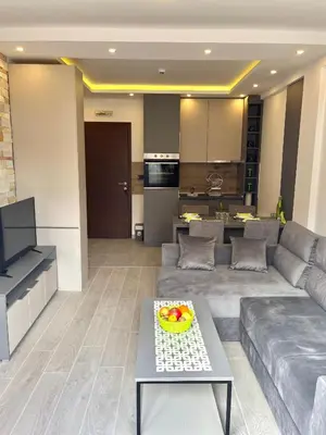 a living room with a couch and a table at Sunrise Apartman Kopaonik in Cajetina