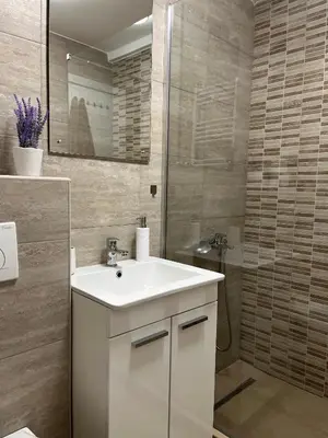 a bathroom with a white sink and a shower at Iznad oblaka 2 Apartman 2 in Kopaonik