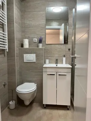 a bathroom with a toilet and a sink and a mirror at Iznad oblaka 2 Apartman 2 in Kopaonik
