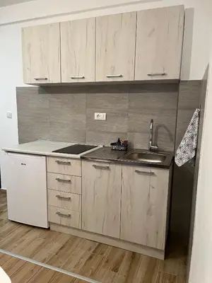 a kitchen with wooden cabinets and a sink at Iznad oblaka 2 Apartman 2 in Kopaonik