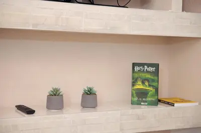 a book and two potted plants on a shelf at Soho in Vrnjačka Banja
