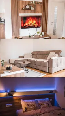 two pictures of a living room with a fireplace at Sunny Paradise in Vrnjačka Banja