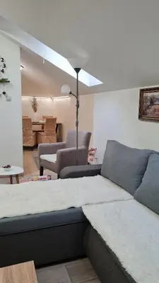 a living room with a bed and a couch at Apartman Marija in Soko Banja