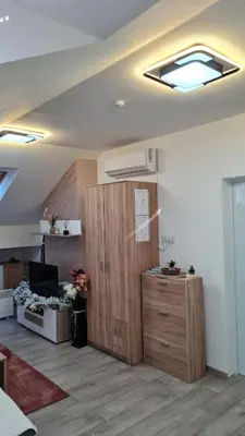 a living room with a wooden cabinet and a ceiling at Apartman Marija in Soko Banja