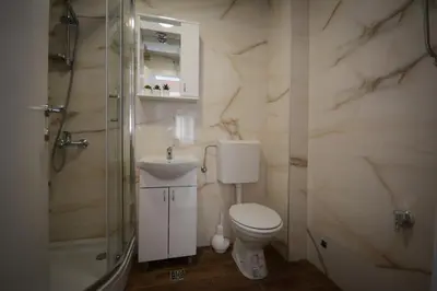 a bathroom with a toilet and a shower and a sink at Apartman Elena 14 in Vrnjačka Banja