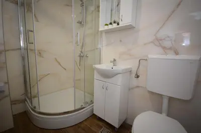 a bathroom with a shower and a toilet and a sink at Apartman Elena 14 in Vrnjačka Banja
