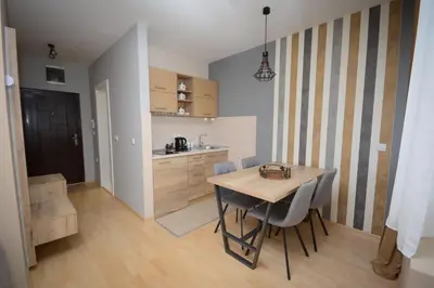 a kitchen with a table and chairs in a room at Apartman Elena 14 in Vrnjačka Banja
