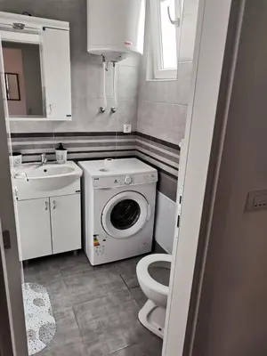 a bathroom with a washing machine and a sink at Nikolici - Free Parking in Vranje