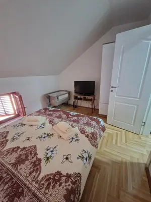 a bedroom with a bed and a door and a television at Apartman Bošković Vrnjačka Banja in Vrnjačka Banja