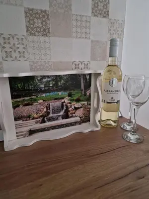 a bottle of wine and a wine glass on a table at Apartman Bošković Vrnjačka Banja in Vrnjačka Banja