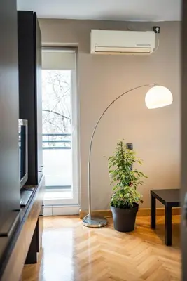 a living room with a floor lamp and a potted plant at Dora in Bor