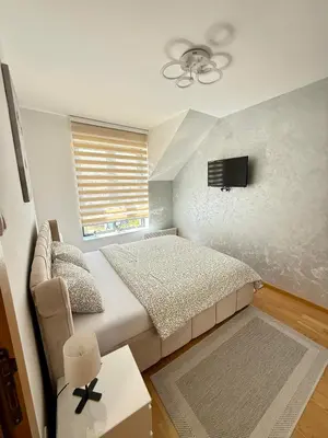 a bedroom with a bed and a tv on the wall at Aleksandar apartman Sokobanja in Soko Banja
