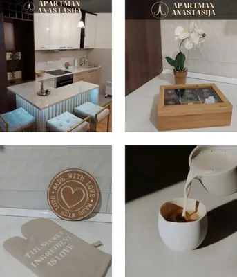 a collage of pictures of a kitchen and a cup of coffee at Apartman Anastasija Vrnjačka Banja in Vrnjačka Banja