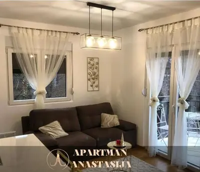 a living room with a couch and two windows at Apartman Anastasija Vrnjačka Banja in Vrnjačka Banja