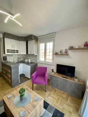 a living room with a purple chair and a kitchen at APARTMAN TAMARA LUX in Vrnjačka Banja