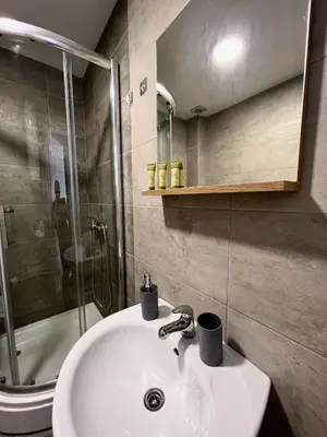 a bathroom with a sink and a shower at Sweet Dreams & Free parking in Vrnjačka Banja