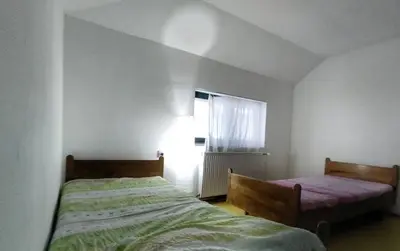 a bedroom with two beds and a window at Apartman Borići in Soko Banja