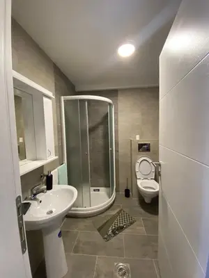 a bathroom with a shower and a sink and a toilet at Apartman BojAna Vrnjačka Banja in Vrnjačka Banja