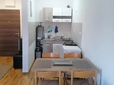 a kitchen with a table and chairs in a room at Apartman BojAna Vrnjačka Banja in Vrnjačka Banja