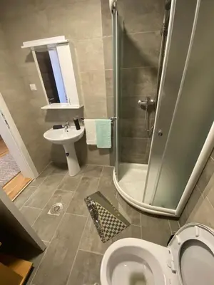 a bathroom with a shower and a toilet and a sink at Apartman BojAna Vrnjačka Banja in Vrnjačka Banja
