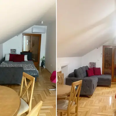 a living room and a bedroom with a couch and a table at Vrnjački apartman in Vrnjačka Banja