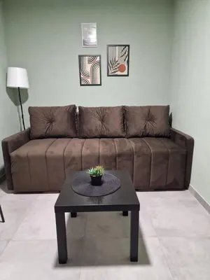 a living room with a brown couch and a coffee table at Đerdan Garden apartments in Kraljevo