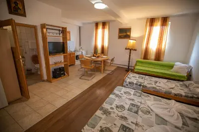 a room with a bed and a living room with a television at Apartmani Lazić in Ribarska Banja