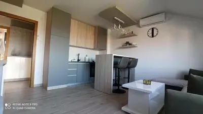 a small apartment with a kitchen and a living room at Jela Apartman in Soko Banja