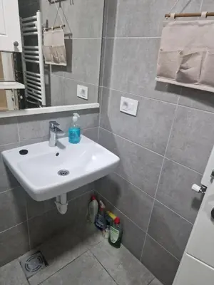 a bathroom with a sink and a mirror at Silver city studio in Jagodina