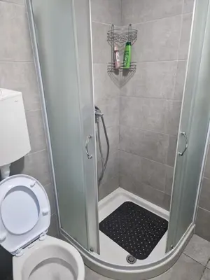 a bathroom with a shower with a toilet at Silver city studio in Jagodina