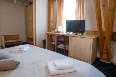 a bedroom with a bed and a desk with a television at Garni Hotel Panorama Lux in Niš