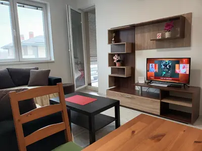 a living room with a couch and a television at Apartman Rubi Sokobanja in Soko Banja