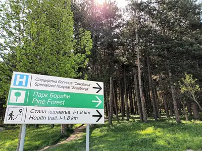 a street sign in front of a park with trees at Apartman Rubi Sokobanja in Soko Banja