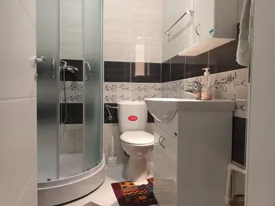 a bathroom with a shower and a toilet and a sink at Apartman Rubi Sokobanja in Soko Banja