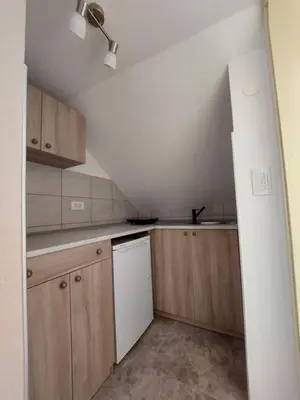 a kitchen with wooden cabinets and a white dishwasher at Apartmani Filip in Vrnjci