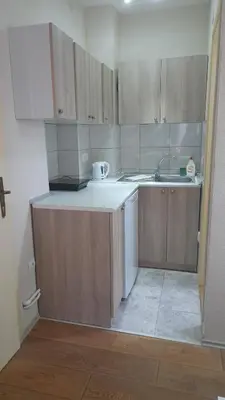 a small kitchen with wooden cabinets and a sink at Apartmani Filip in Vrnjci
