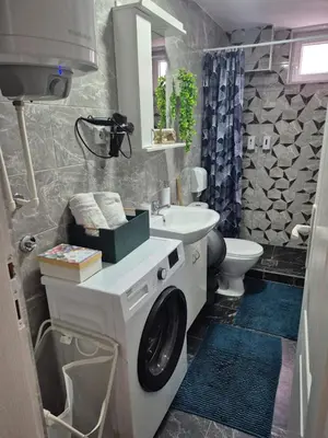 a bathroom with a washing machine and a sink at Apartmani Bubamara Leskovac in Leskovac