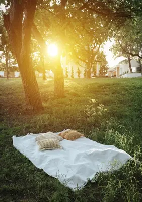 a blanket laying on the grass under a tree at Kuća sa bazenom do 10 osoba Freedom Place in Jagodina