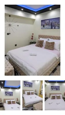 a collage of four pictures of a bedroom with a bed at Andjela Lux in Vrnjačka Banja