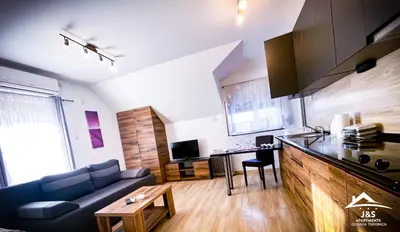 a kitchen and living room with a couch and a table at J&S Apartments - Gornja Toponica in Gornja Toponica