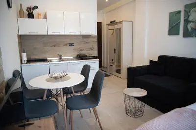 a kitchen and a living room with a table and chairs at Milmari Nlux 74 in Kopaonik