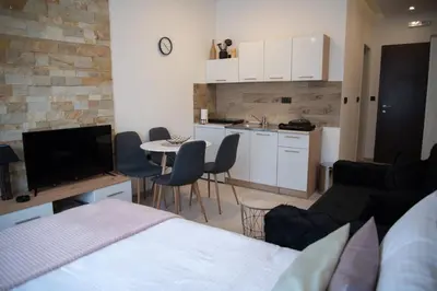a room with a kitchen and a living room at Milmari Nlux 74 in Kopaonik